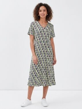 Flax V-Neck Short Sleeve Printed Midi Dress - Multi Green & Navy Size Small